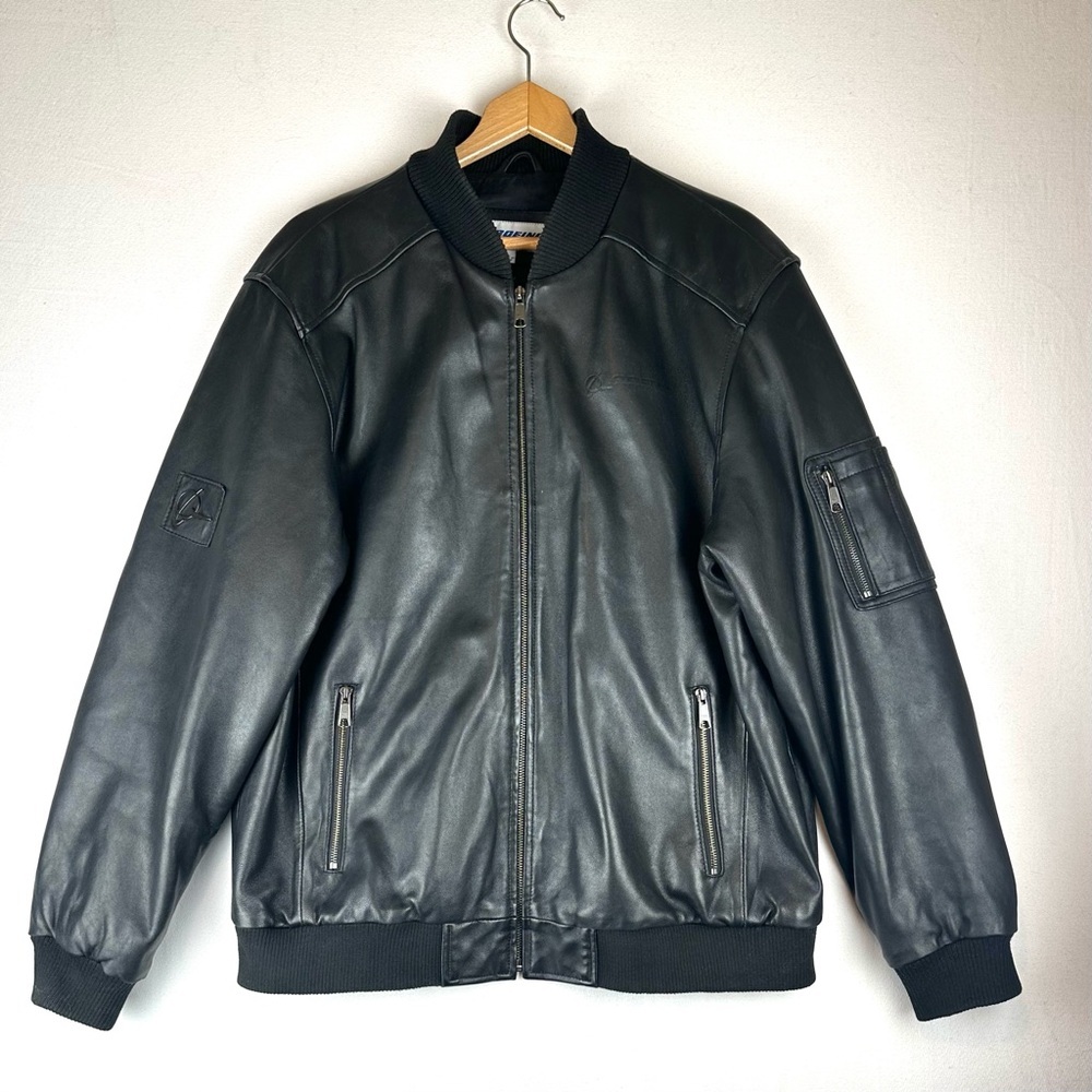 Boeing Centennial Limited Edition Leather Flight Bomber Jacket Black Sz L